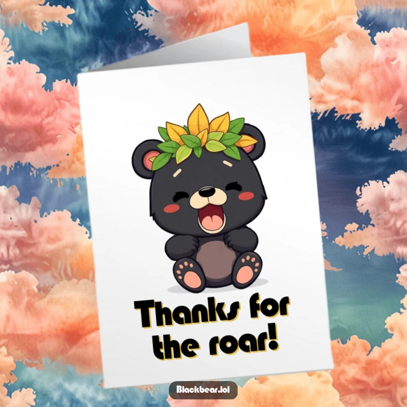 Free printable thank you card of an adorable bear cub with a crown of leaves, giving a friendly and thankful roar.
