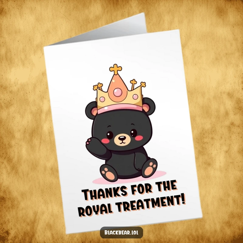 Funny Free Printable Thank You Card featuring a black bear cub looking dapper in an oversized, glittery princess hat.