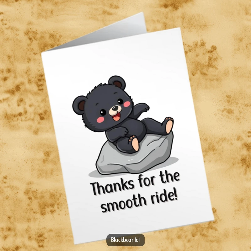 Funny Free Printable Thank You Card: An excited black bear cub slides down a rock, conveying a joyful thank you.