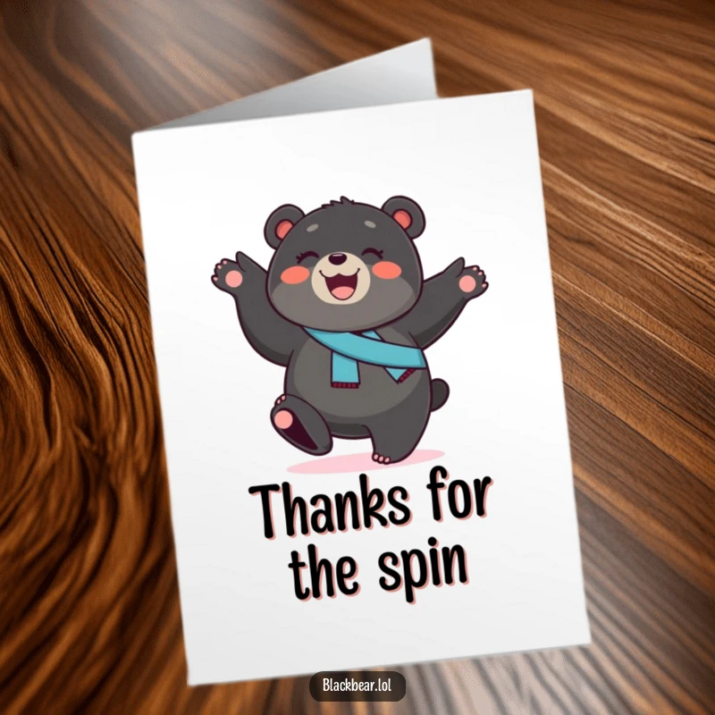 Funny Free Printable Thank You Card: Smiling black bear cub with sash performing a cartwheel, expressing thanks.