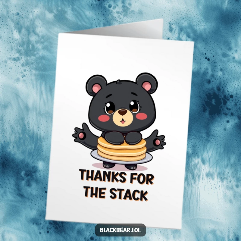 Funny Free Printable Thank You Card: Stylized black bear with big eyes balancing pancakes, expressing thanks humorously.