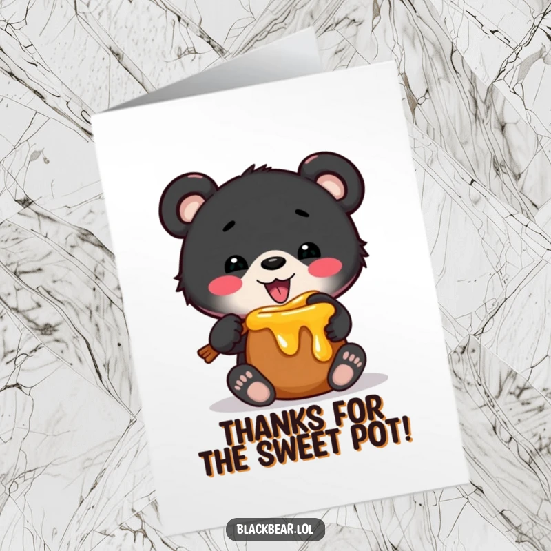 Funny free printable thank you card featuring a black bear cub covered in honey, offering a sweet expression of gratitude.