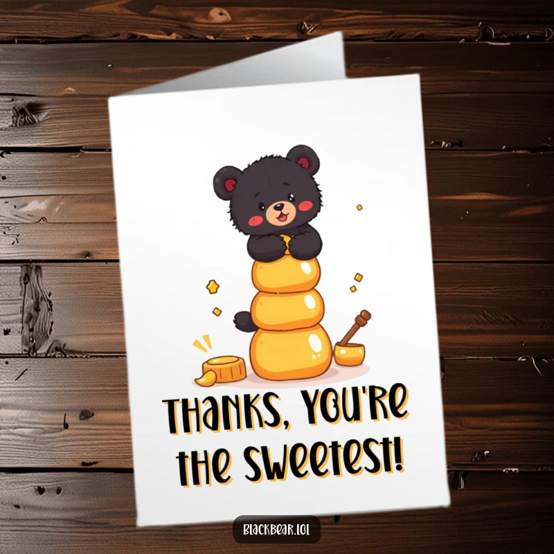 Funny Free Printable Thank You Card: A black bear cub balances a stack of honey pots, offering a sweet thank you gesture.