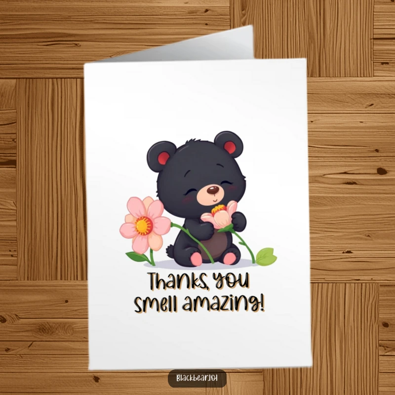 Charming Free Printable Thank You Card: A curious black bear cub sniffing a giant flower with pure delight.