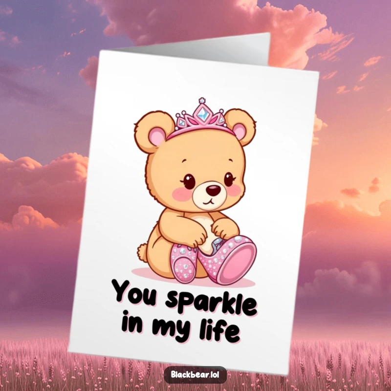 Funny Free Printable Thank You Card: A bear cub with a tiara humorously attempting to walk in oversized, sparkly shoes.