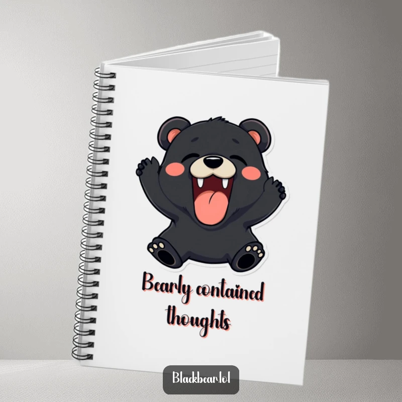 Funny black bear notebook roaring playfully with a wide, happy expression, perfect for notes and sketches.