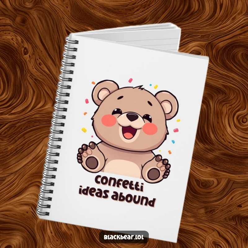 Funny bear cub with a happy expression tossing confetti, featured on a notebook cover for recording celebratory events.