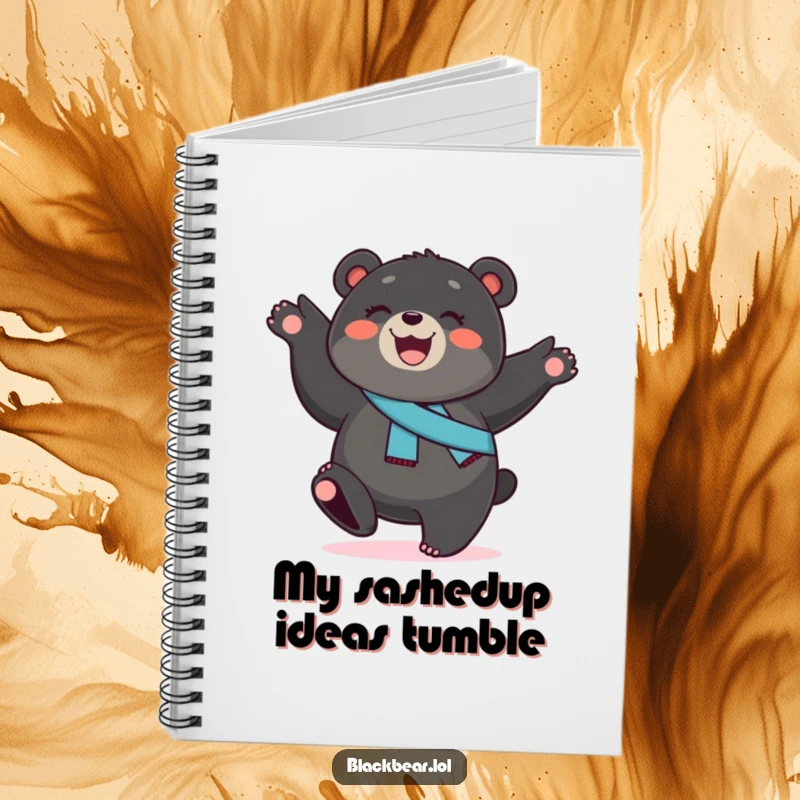 Funny black bear cub notebook, a smiling cub with a sash, performing a cartwheel, for jotting down energetic and funny ideas.
