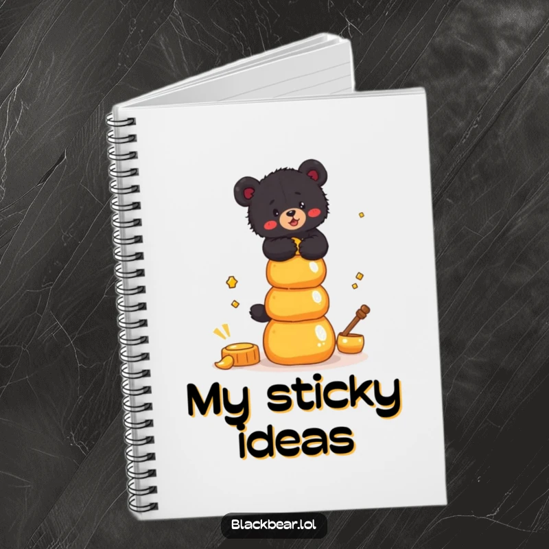 Funny Notebook cover featuring a black bear cub attempting to balance honey pots, perfect for jotting down sweet thoughts.