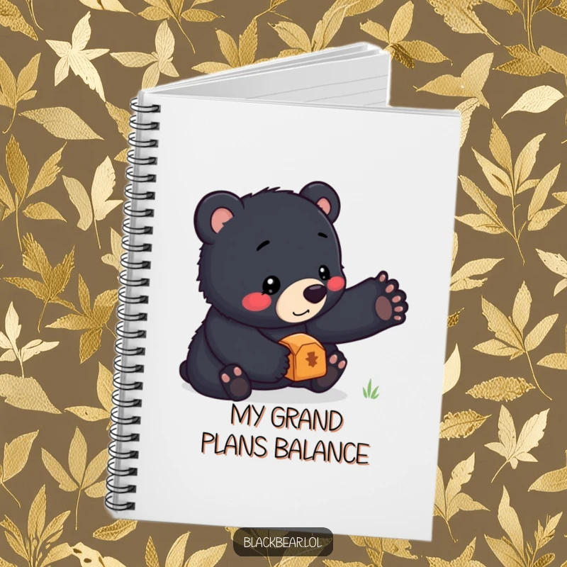 Funny notebook cover featuring a black bear cub concentrating hard to balance a small treasure on its nose, inspiring focused thoughts.