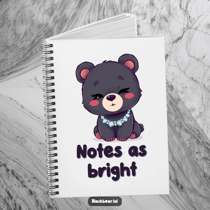 Funny notebook with a black bear cub winking and wearing a glittery necklace, perfect for notes and journaling.
