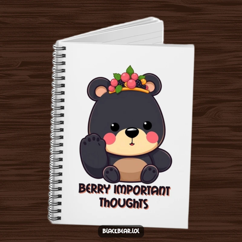 Funny Black Bear King Notebook cover showcases a regal bear with a berry crown, offering a paw, perfect for humorous note-taking.