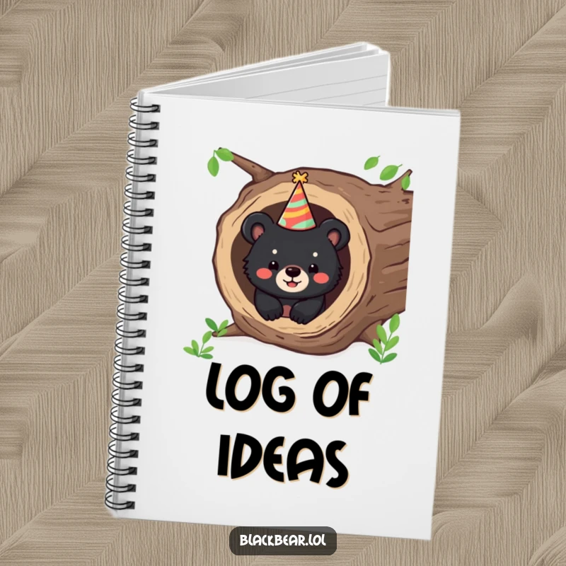 Funny notebook with a cover showing a happy black bear cub peeking from a hollow log, wearing a party hat.