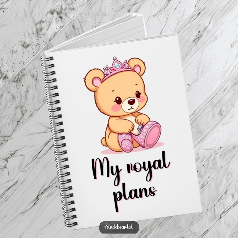 Funny Notebook: Little bear cub wearing a tiara, looking at oversized, sparkly shoes, with lined pages.