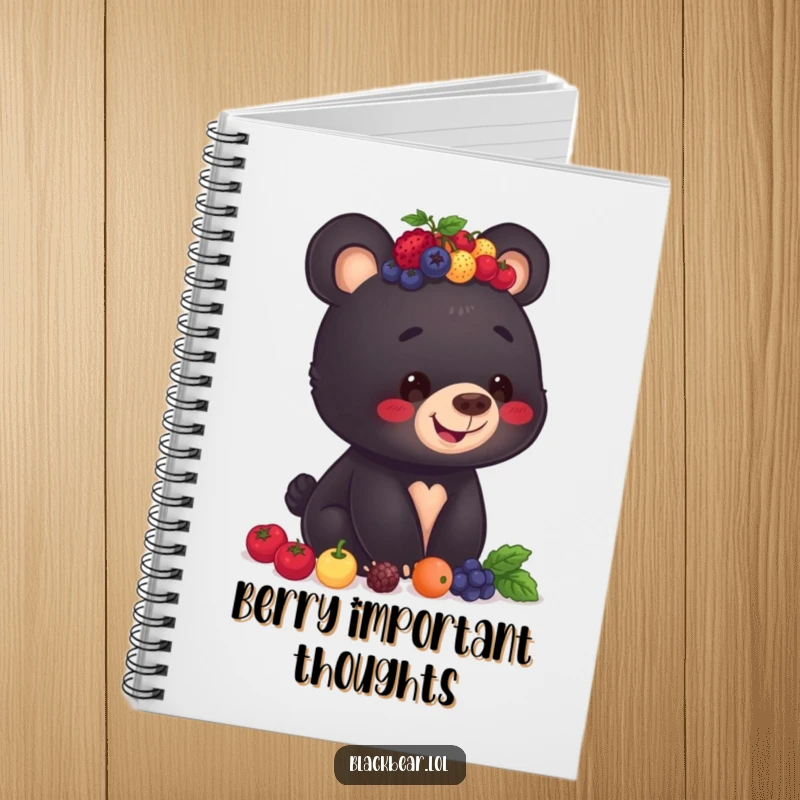 Funny notebook cover with a smiling black bear cub balancing a pile of berries on its head, perfect for journaling.