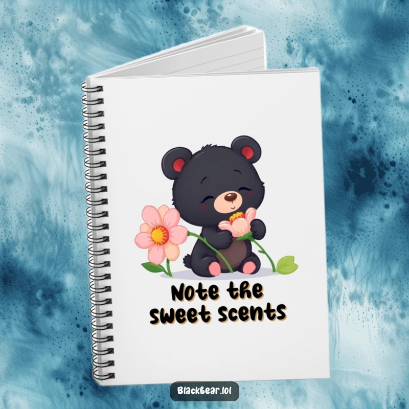 Funny curious black bear cub notebook with a cub sniffing a flower, perfect for journaling and creative inspiration.