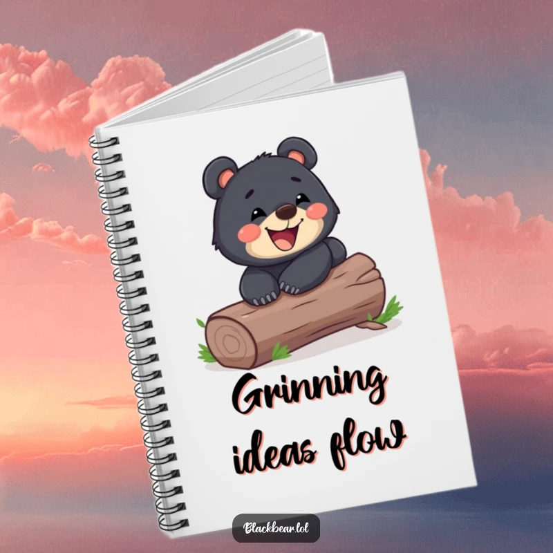 Funny black bear cub sliding down a log with a wide grin on a notebook cover. Playful and humorous forest animal stationery.