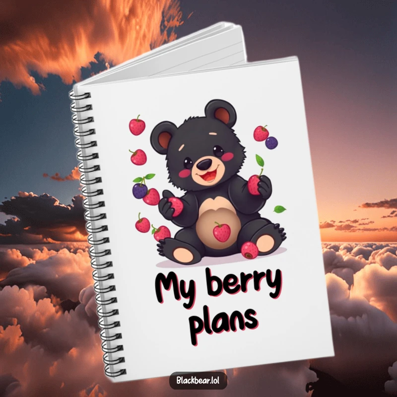 Funny Notebook cover featuring a black bear cub grinning while clumsily juggling berries, perfect for jotting down ideas.