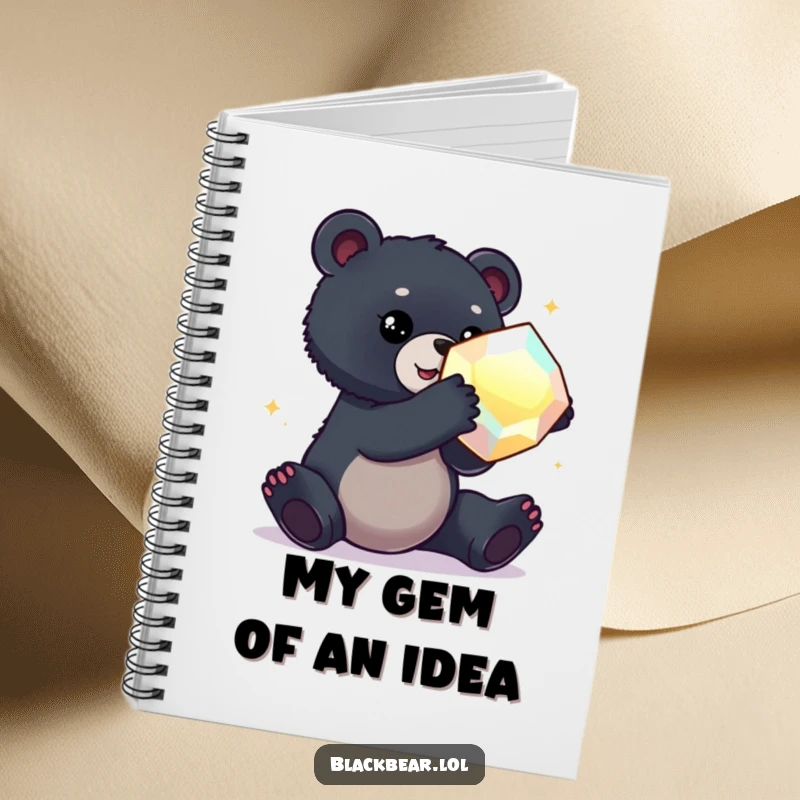 Funny notebook with a black bear cub reaching for a large, shimmering gem, perfect for noting treasures and ideas.