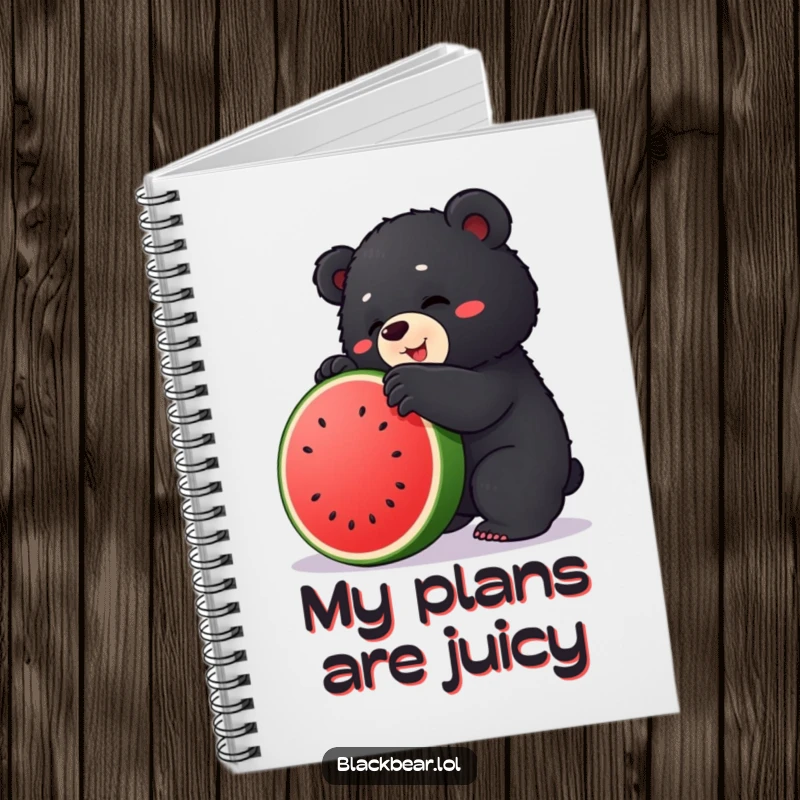 Funny notebook cover with a chubby black bear cub hilariously trying to climb a watermelon, symbolizing ambitious goals.