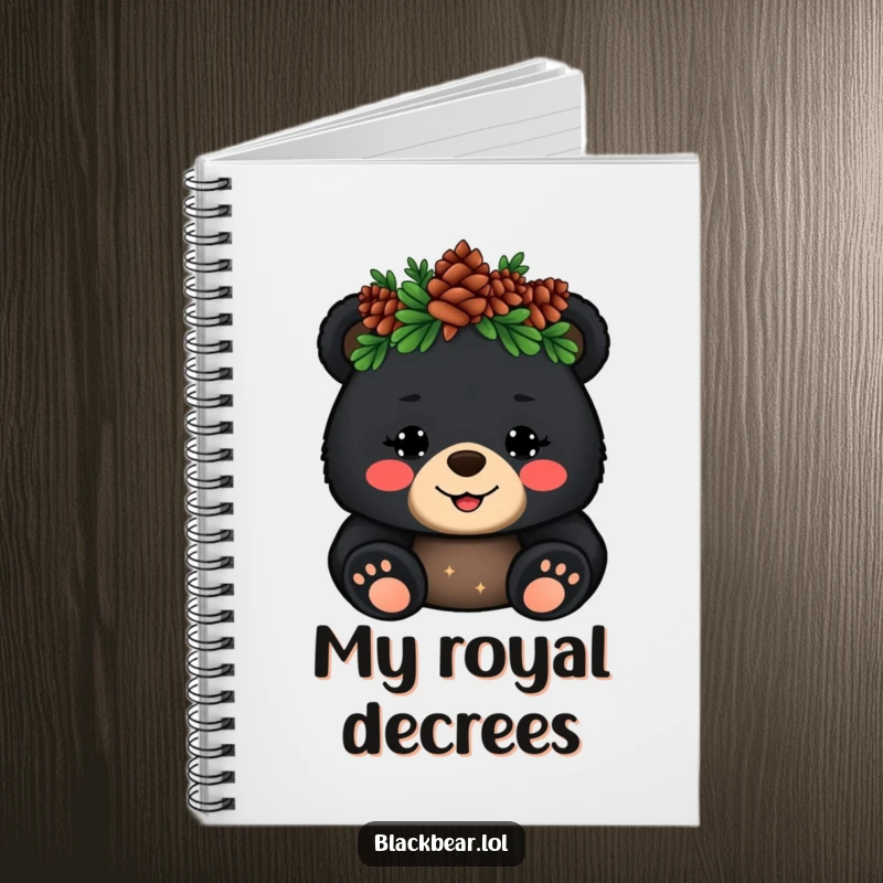 Funny Notebook: Cheerful black bear cub with a pinecone crown waves hello, ideal for jotting down inspired thoughts.