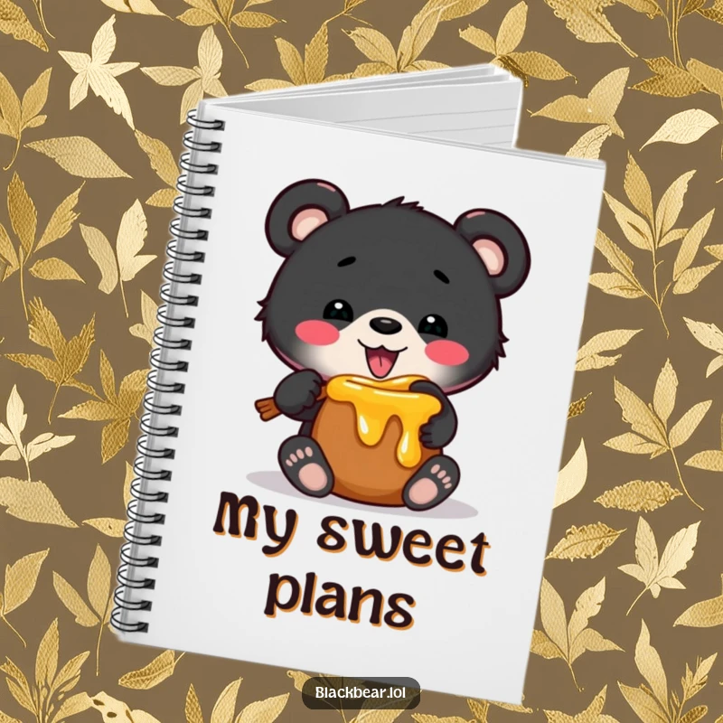 Funny notebook cover with a black bear cub humorously stuck in a small honey pot, perfect for jotting down thoughts with a sweet, sticky twist.