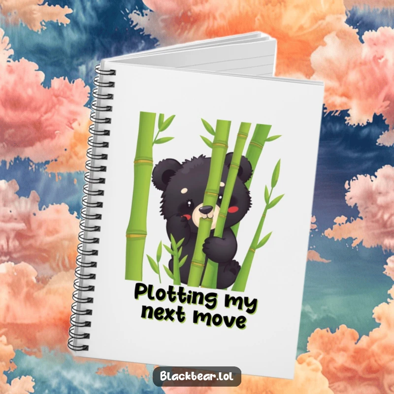 Funny black bear cub notebook peeking from bamboo, perfect for journaling, note-taking, and adding humor to your day.