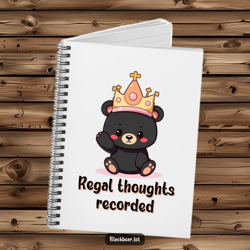 Funny notebook with a black bear cub wearing an exaggeratedly large princess hat, perfect for notes and plans.