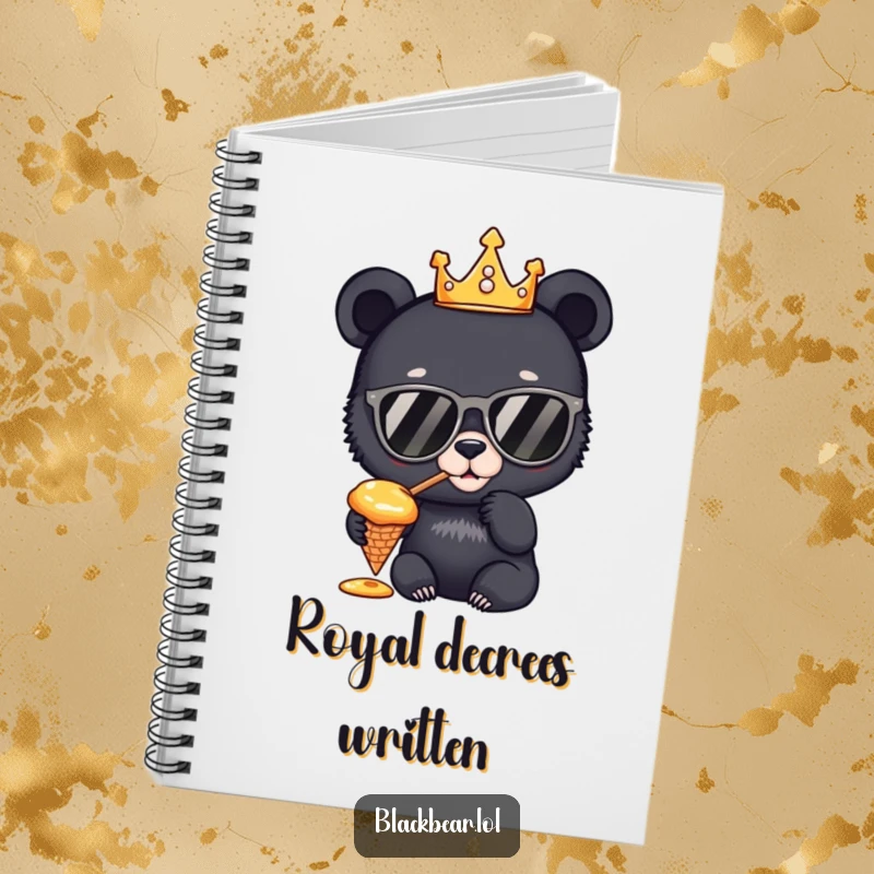 Funny Notebook: A vibrant cover featuring a bear cub king with sunglasses, enjoying honey, perfect for jotting down royal ideas and sweet plans.