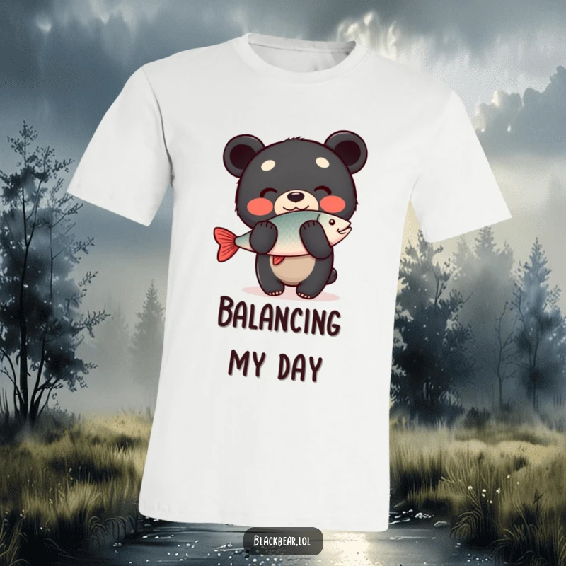 Funny T-Shirt: A happy black bear cub with a wide smile, perfectly balancing a fish on the tip of its nose, a funny fishing feat.