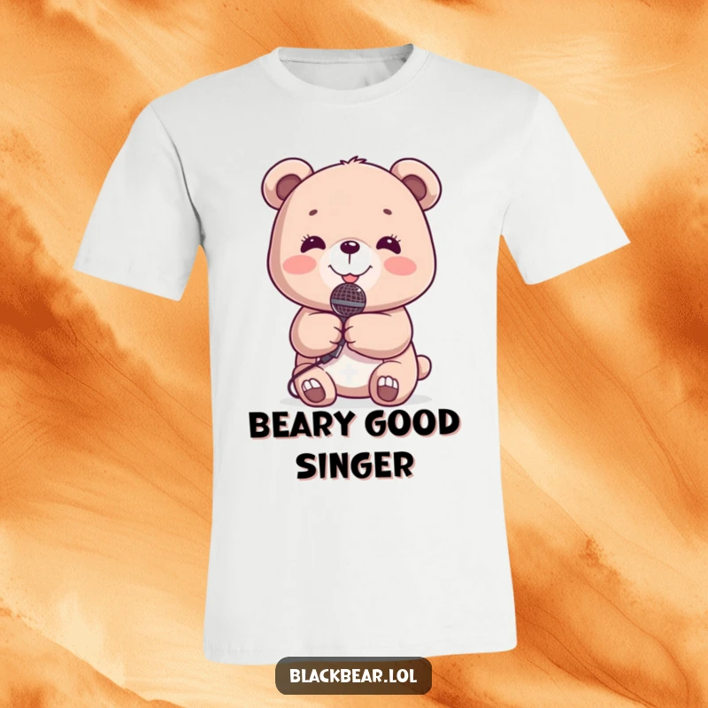 Funny T-Shirt: Adorable bear cub holding a small microphone, beaming with a radiant smile, ready to sing.