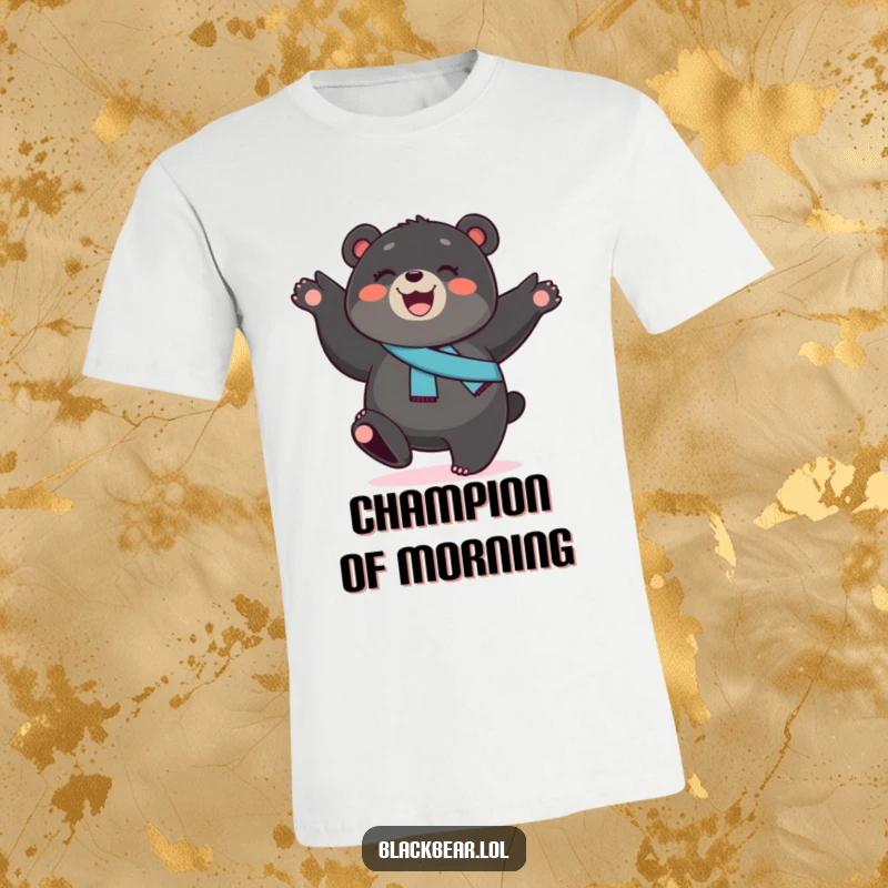 Funny black bear cub t-shirt, a smiling cub with a sash, performing a dynamic cartwheel with infectious enthusiasm and playful energy.