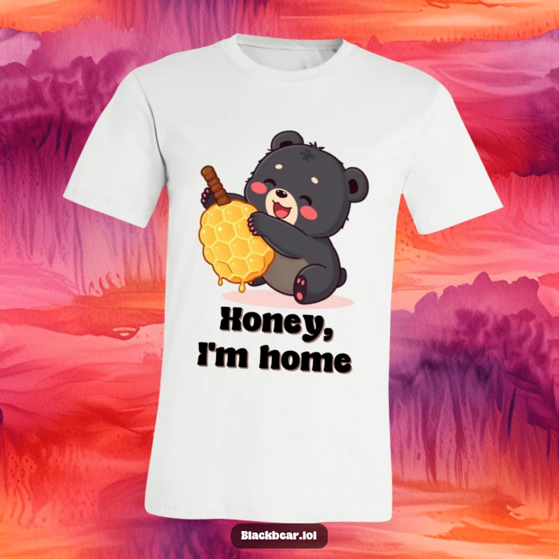 Funny black bear cub tumbling joyfully with a large honeycomb on a t-shirt. Cute and humorous forest animal graphic.