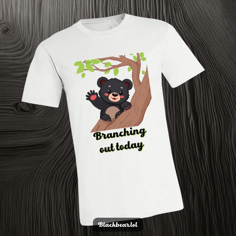 Funny black bear cub high up on a tree branch, waving its paw with a wide, cheerful smile, embodying pure joy.
