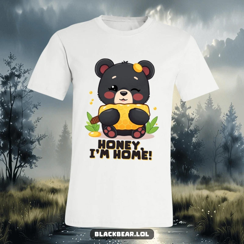 Funny T-Shirt: Adorable black bear cub winking mischievously while presenting a huge honeycomb, showcasing a love for sweet rewards.