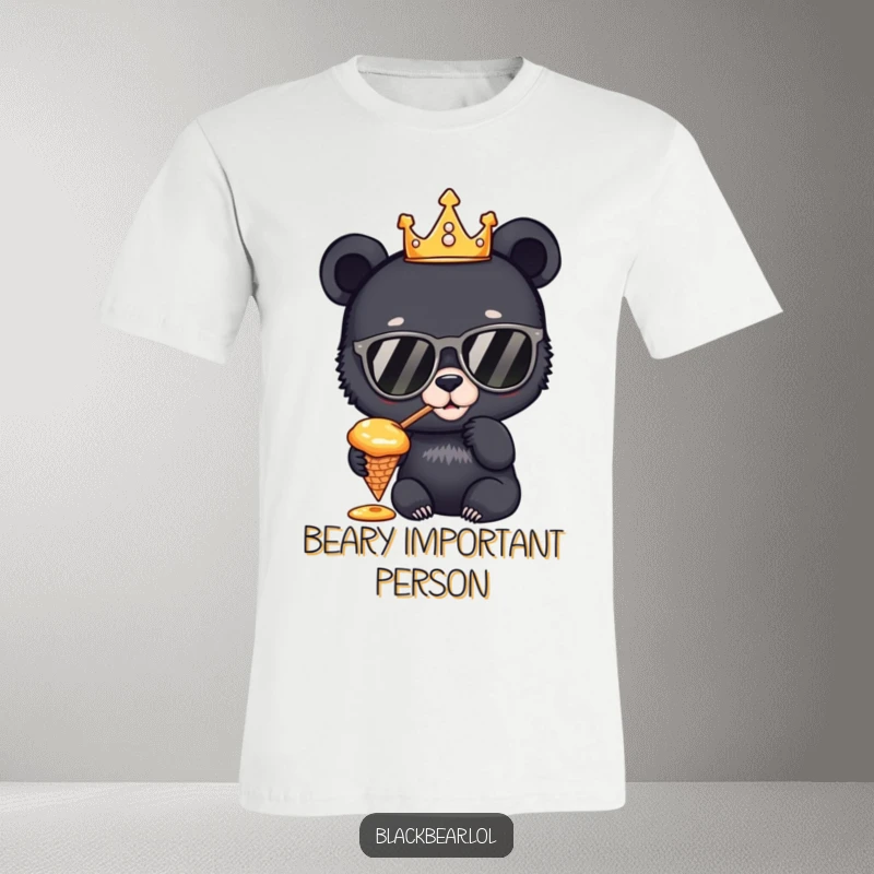 Funny T-Shirt: A charming black bear cub wearing a crown and sunglasses, savoring honey from a cone, exuding confidence and a love for sweet treats.
