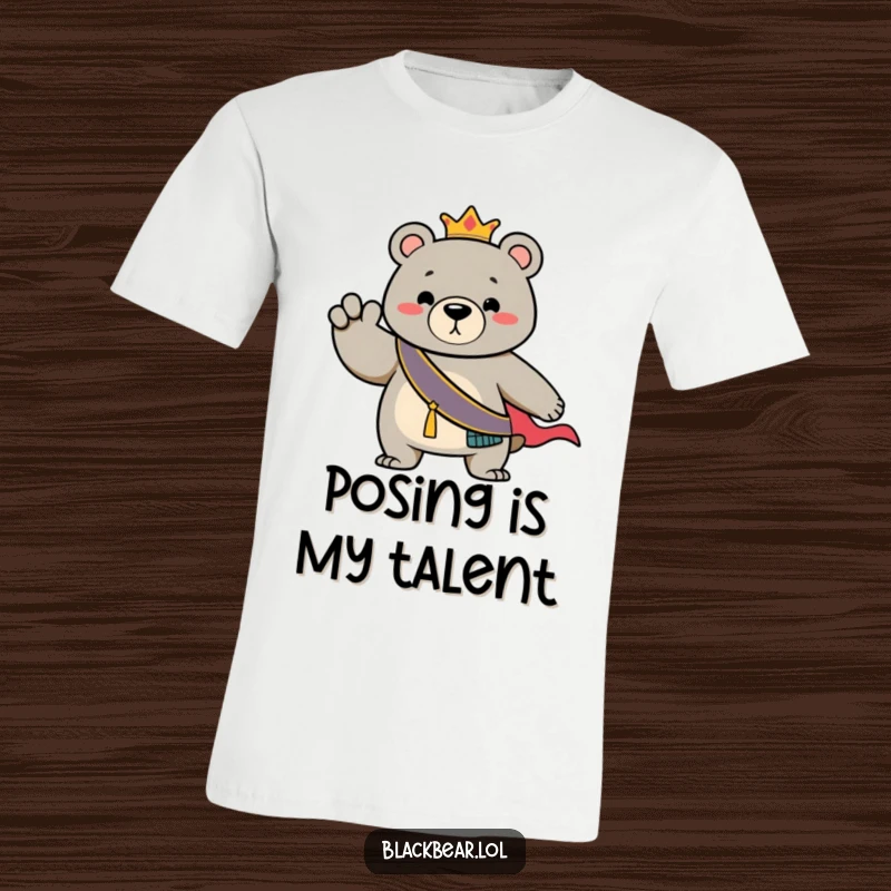Funny T-Shirt: Majestic bear wearing a golden sash, striking a powerful, dramatic pose for a photo.