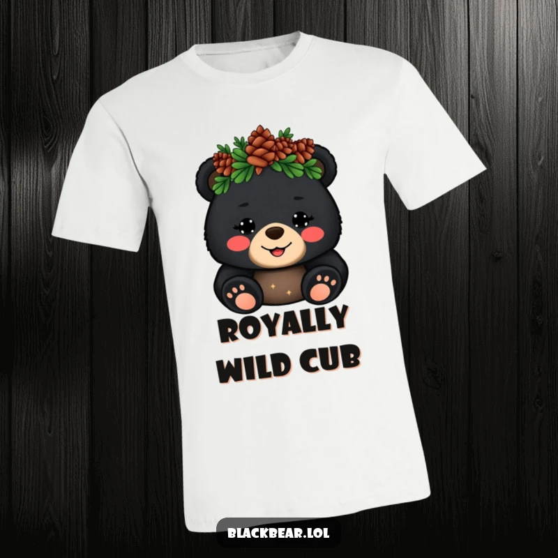Funny T-Shirt: A cheerful black bear cub with a pinecone crown waves hello, embodying cute woodland royalty.