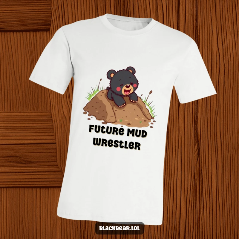 Funny black bear cub with a joyful expression, sliding headfirst down a steep muddy incline, perfect for outdoor lovers.