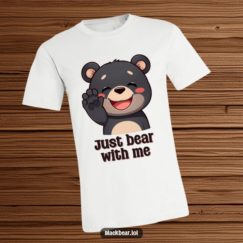 Funny black bear t-shirt showing a friendly black bear enthusiastically waving its paw with a broad, happy grin, great gift.