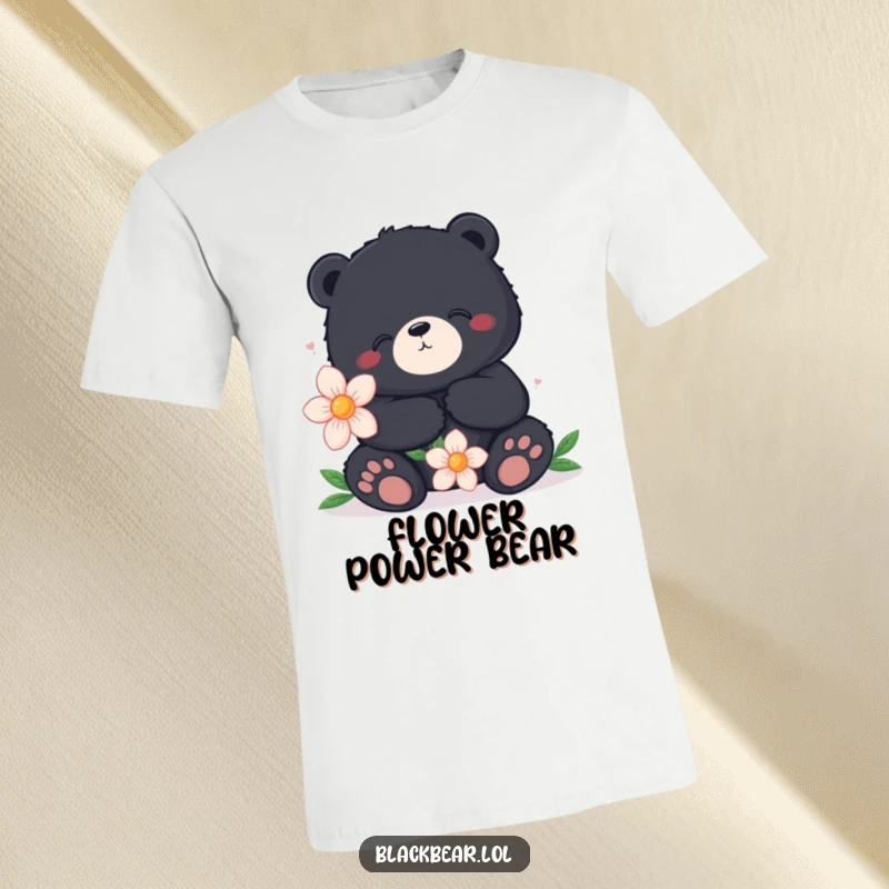 Funny t-shirt featuring a black bear sitting contentedly while holding a large, beautiful flower, symbolizing peace and appreciation.