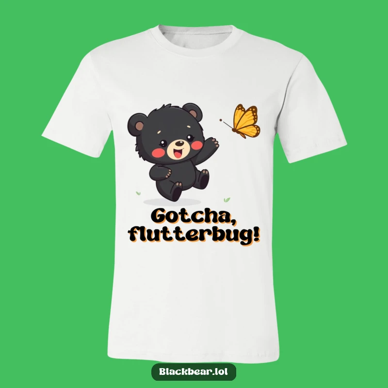 Funny Happy Bear Cub T-Shirt - Butterfly Chase Design, Perfect Funny Gift