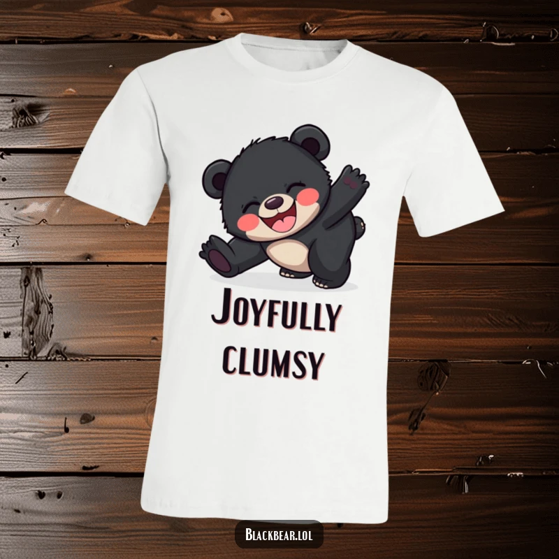 Funny happy black bear cub t-shirt tripping over its feet with overwhelming joy, a visual of pure, uninhibited happiness.
