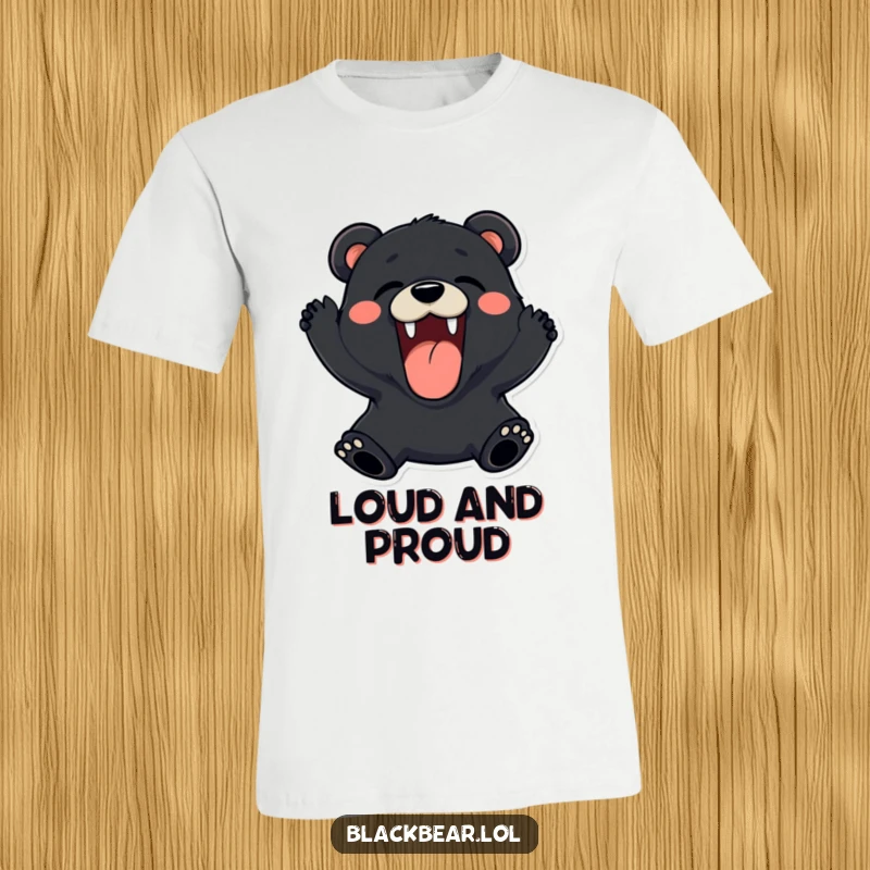 Funny black bear t-shirt roaring playfully with a wide, happy expression, perfect for casual wear and gifts.