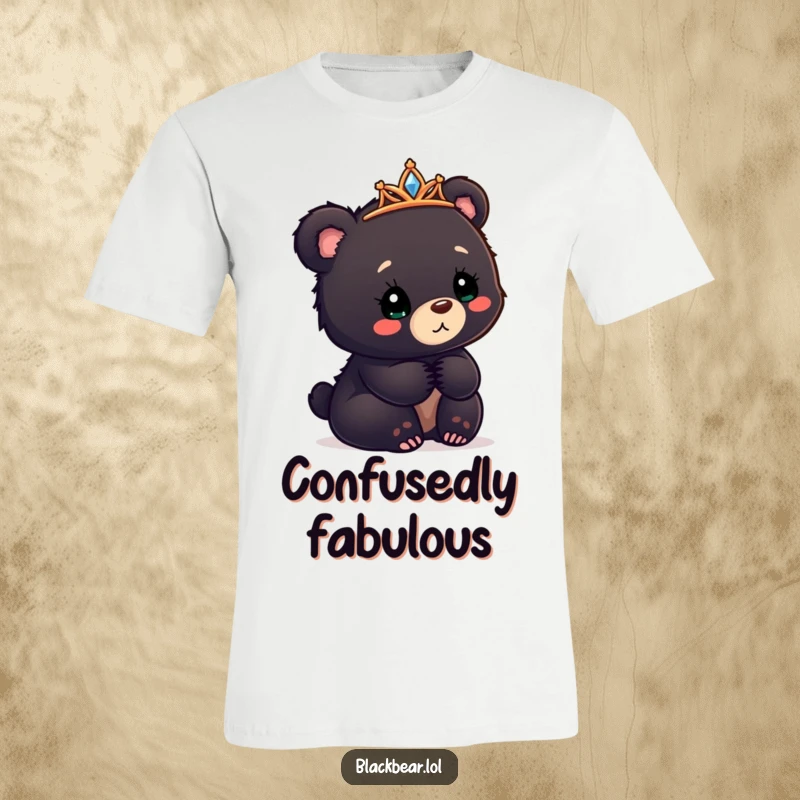 Funny black bear cub t-shirt with a tiara askew, looking confusedly delighted, a quirky and fun graphic.