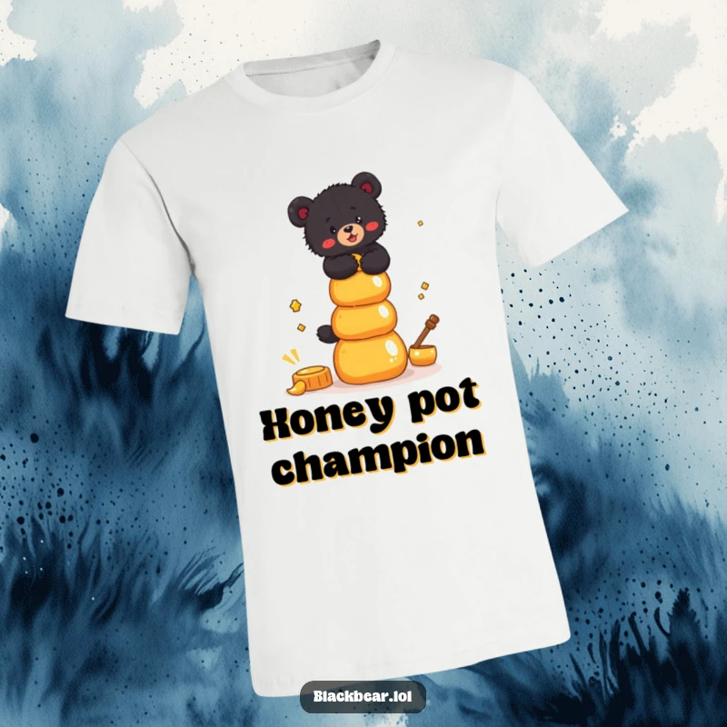 Funny T-Shirt graphic of a black bear cub attempting to balance a wobbly stack of honey pots, with a focused expression.