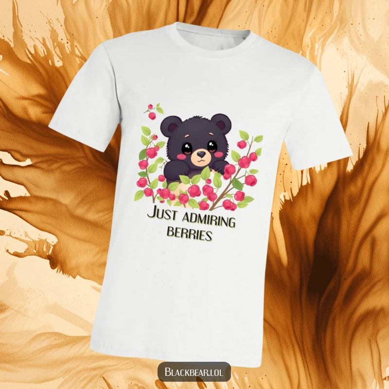 Funny black bear peeking shyly from behind a berry bush, eyes wide with wonder on a t-shirt. Curious and humorous forest animal.