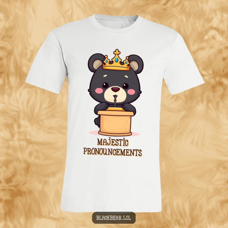 Funny black bear cub king in a crown delivers a passionate speech from a podium on this charismatic t-shirt.