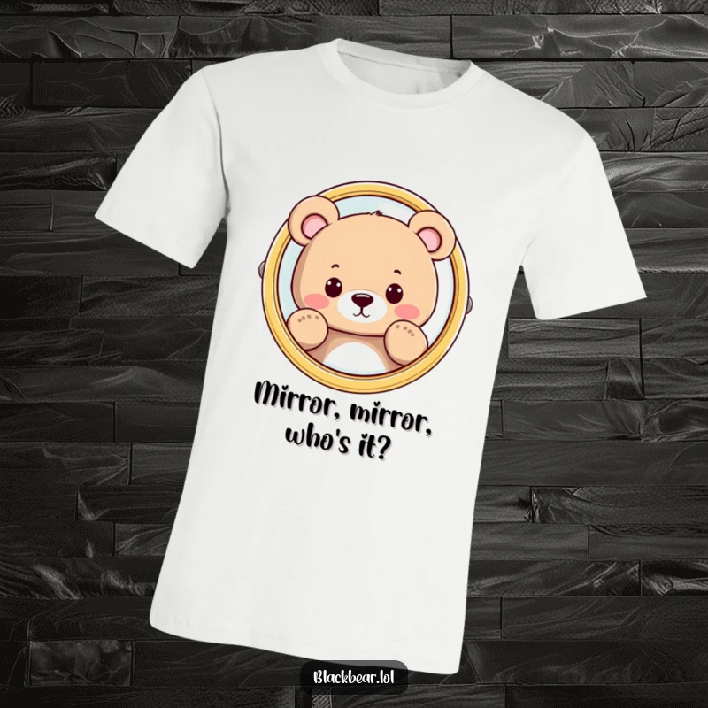 Funny bear character peeking from behind a reflective mirror, printed on a t-shirt, ideal for a curious and humorous look.