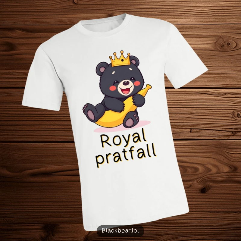 Funny black bear cub royalty wearing a crown trips dramatically over a banana peel on this humorous t-shirt.
